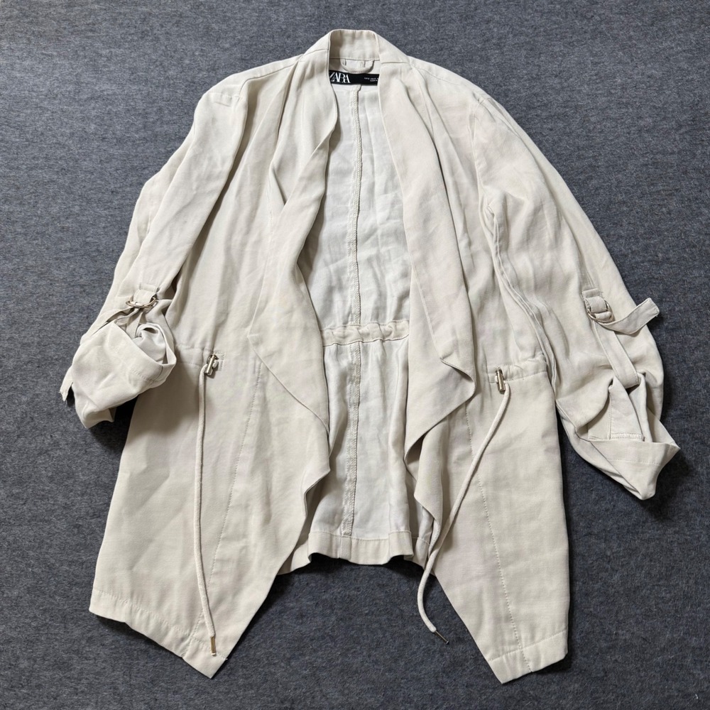 Zara Women Beige Waterfall Draped Open Front Jacket Drawstring Waist Small